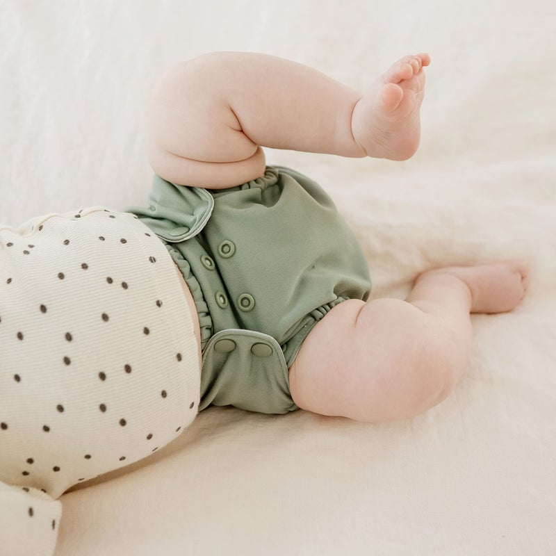 Esembly Cloth Diaper Cover - Reusable Swim Diaper, Waterproof, Breathable - Adjustable Outer Layer Over Absorbent Inner for Blowout Protection - Aloe, Size 1 (7-17lbs) - Image 2